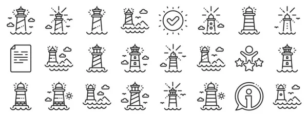 船の海洋航行のためのカモメとサーチライトタワー 灯台線のアイコン 海のファロス 灯台やビーコンアイコン 海の波 海の建物 海の家 ベクトル — ストックベクタ