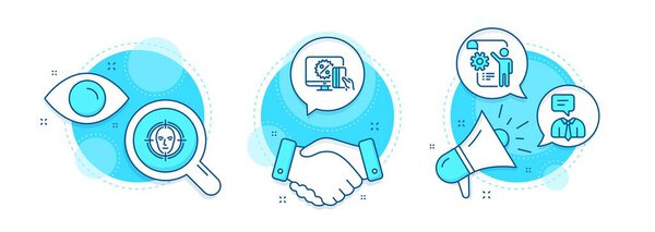 Online shopping, Support service and Settings blueprint line icons set. Handshake deal, research and promotion complex icons. Face detect sign. Vector