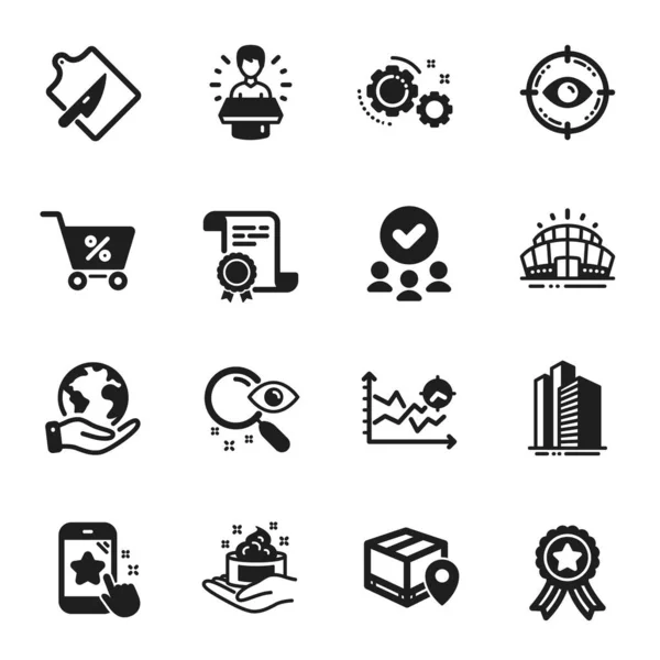 Set Business Icons Star Rating Gears Certificate Approved Group Planet — Stock Vector