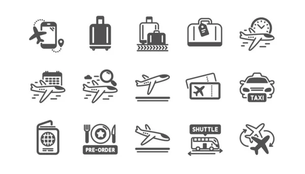 Ikony Lotniska Ustawione Bagaż Karta Pokładowa Przyjazd Wyjazd Łączę Lot — Wektor stockowy