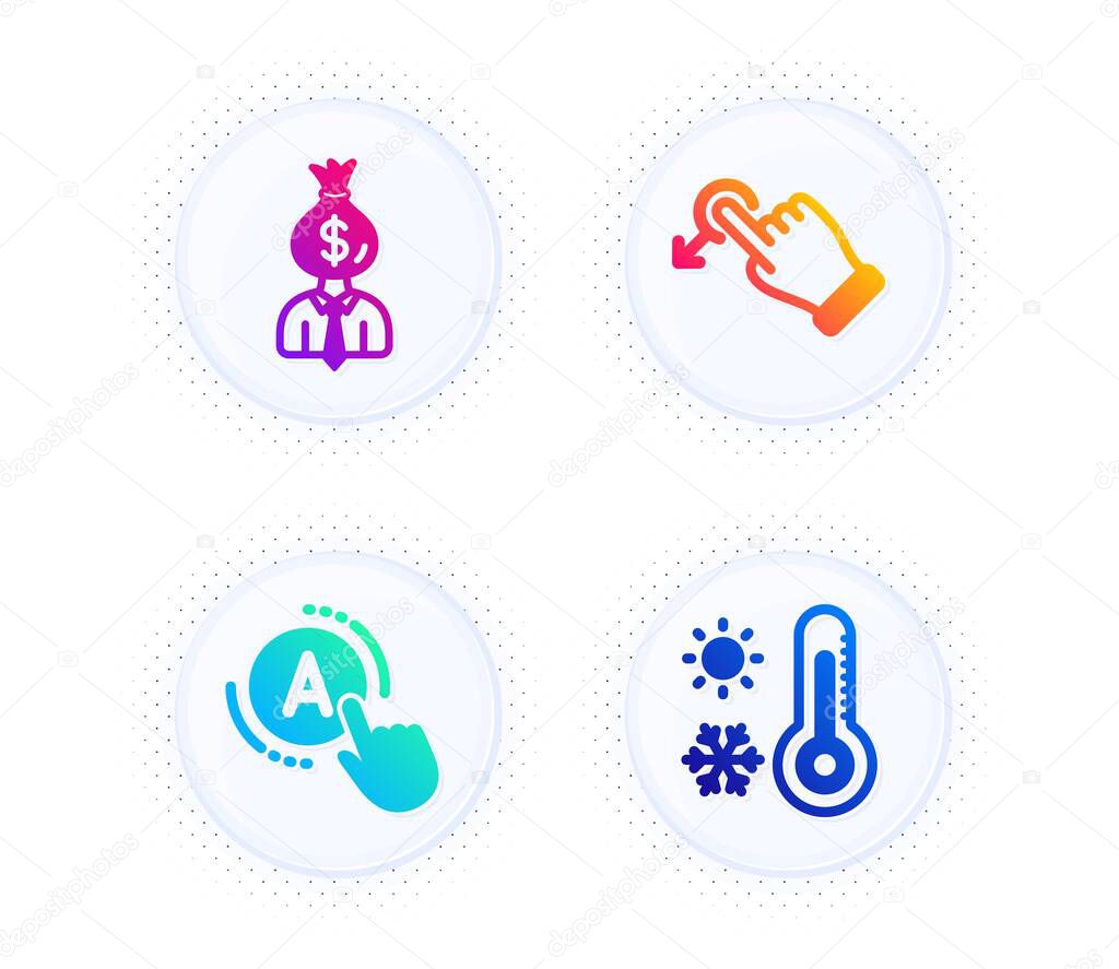 Drag drop, Manager and Ab testing icons simple set. Button with halftone dots. Weather thermometer sign. Move, Work profit, A test. Temperature. Business set. Gradient flat drag drop icon. Vector
