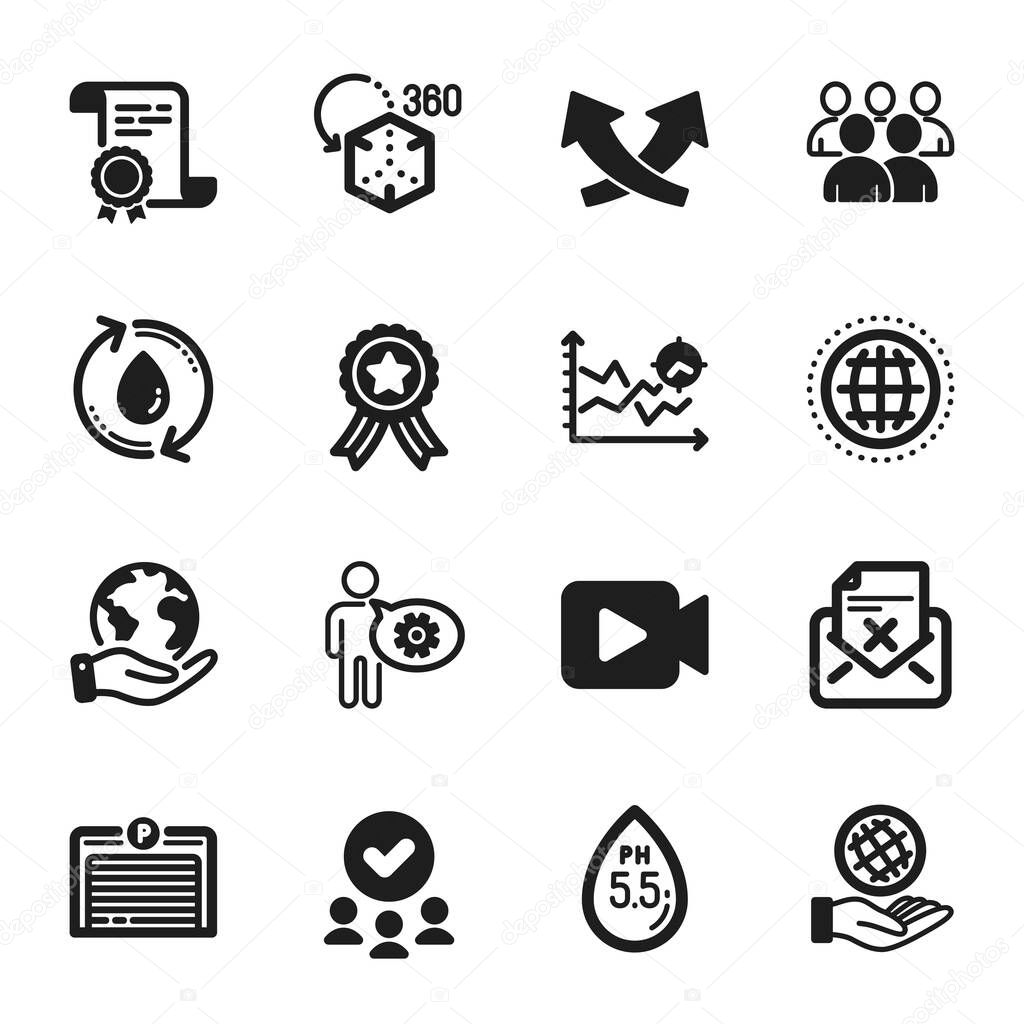 Set of Technology icons, such as Reject letter, Cogwheel. Certificate, approved group, save planet. Safe planet, Ph neutral, Intersection arrows. Parking garage, Video camera, Seo analysis. Vector