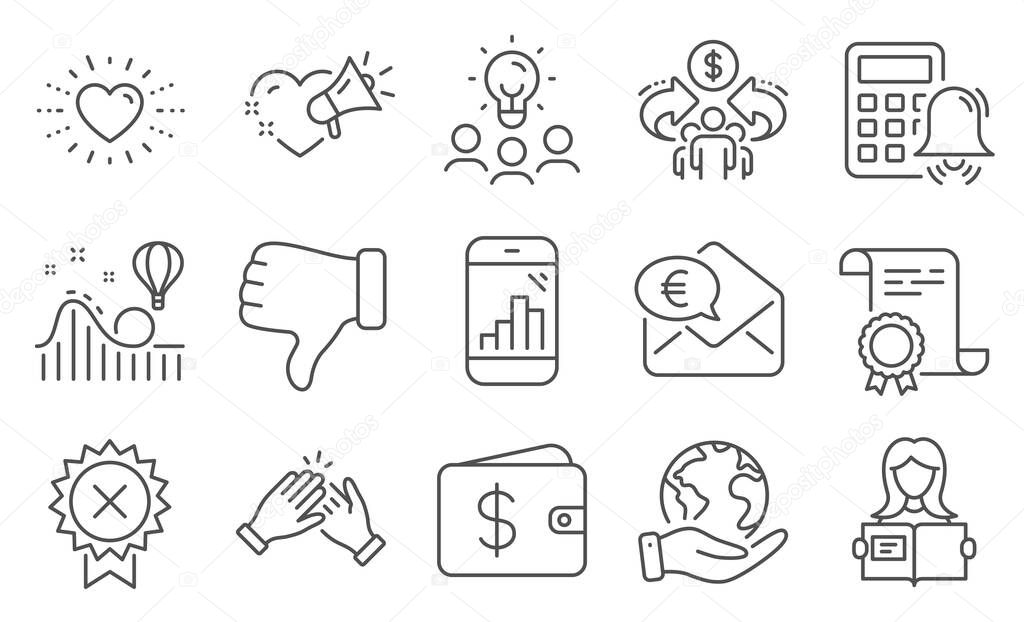 Set of Business icons, such as Calculator alarm, Reject medal. Diploma, ideas, save planet. Love message, Dislike hand, Clapping hands. Heart, Sharing economy, Roller coaster. Vector