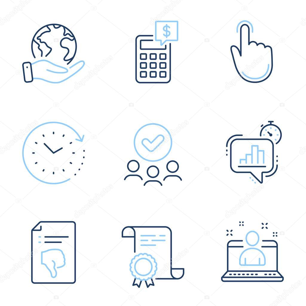Hand click, Time change and Best manager line icons set. Diploma certificate, save planet, group of people. Thumb down, Statistics timer and Calculator signs. Vector
