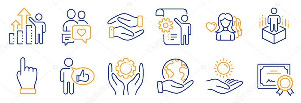 Set of People icons, such as Like, Employee results. Certificate, save planet. Woman love, Helping hand, Sun protection. Dating chat, Employee hand, Settings blueprint. Vector