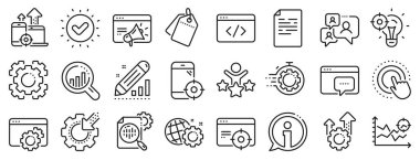 Web sitesi istatistikleri, Hedef ve Artırma satış tabelaları. Seo çizgi simgeleri. Trafik yönetimi, sosyal ağ ve seo optimizasyon simgeleri. Çarklar, arama motoru ve mobil satışları arttırın. Vektör