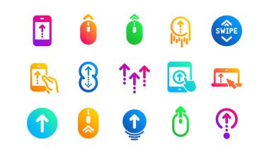 Kaydıran fare, iniş sayfası kaydırma işaretleri. İkonları sars. Mobil aygıt teknoloji simgelerini kaydır. Web sitesi kaydırma navigasyonu. Klasik bir set. Gradyan desenler. Kalite işaretleri ayarlandı. Vektör