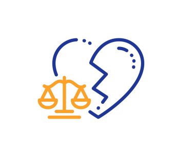 Boşanma avukatı çizgisi ikonu. Adalet terazisi imzası. Evlilik hukuku sembolü. Renkli ince çizgi ana hatları. Doğrusal tarz boşanma avukatı ikonu. Düzenlenebilir felç. Vektör