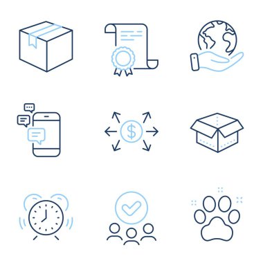 Dolar değişimi, Parsel ve İletişim hattı simgeleri ayarlandı. Diploma sertifikası, gezegeni kurtarmak, bir grup insan. Zaman yönetimi, evcil hayvan dostu ve açık kutu işaretleri. Vektör