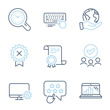 Bilgisayar klavyesi, Reddet madalyası ve Zaman yönetim çizgisi simgeleri ayarlandı. Diploma sertifikası, gezegeni kurtarmak, bir grup insan. Monitör ayarları, sıralama yıldızı ve grafik dizüstü bilgisayar işaretleri. Vektör