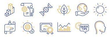Cogwheel, Ayarlar planı gibi bir dizi bilim simgesi. Sertifika, gezegeni kurtar. Kimya DNA 'sı, hızlı ipuçları, organik testler. Yolculuk güzergahı, Baş, Infochart. Güneş enerjisi, 3D grafik çizelgesi simgeleri. Vektör
