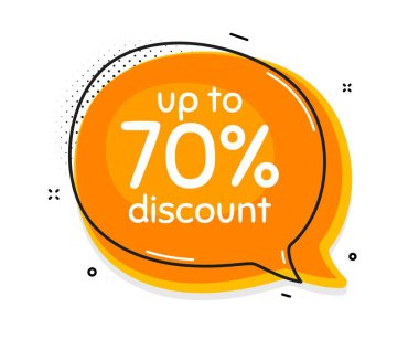 % 70 'e kadar indirimli. Sohbet balonu. Satılık fiyat tabelası. Özel teklif sembolü. Yüzde 70 tasarruf et. Replikli konuşma balonu. İndirimli etiket tanıtım metni. Vektör