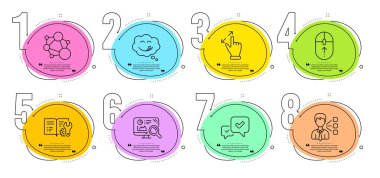 Onaylayın, leziz gülümseme ve tabelaları kaldırın. Zaman çizelgesi bilgileri veriyor. Dokunmatik ekran jesti, Mühendislik belgeleri ve üçüncü parti satır simgeleri ayarlandı. Seo analitiği, Dürüstlük sembolleri. Vektör