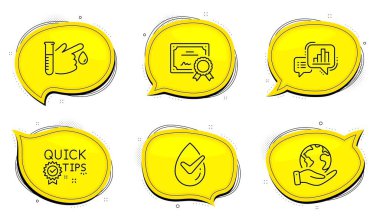 Blood donation sign. Diploma certificate, save planet chat bubbles. Dermatologically tested, Quick tips and Graph chart line icons set. Organic, Helpful tricks, Growth report. Medicine analyze. Vector clipart
