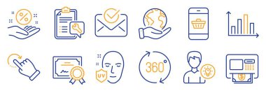 Rotasyon jesti, akıllı telefon alımı gibi iş simgeleri. Sertifika, gezegeni kurtar. Diyagram grafiği, ATM, UV koruması. Kredi, insan fikri, onaylı posta. Vektör