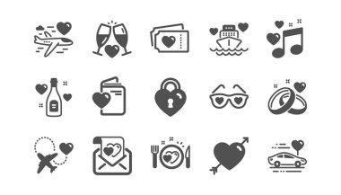 Balayı ikonları ayarlandı. Düğün arabası, evlilik yüzüğü, aşk. Gelin şampanyası, sevgililer günü ikonu. Birkaç bilet, balayı seyahati, evlilik gecesi. Düğün müziği, aşk kilidi. Kaliteli set. Vektör
