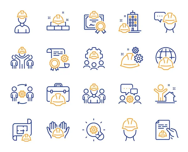 Engineering line icons. Teamwork, People and Technical documentation. Blueprint with gear, engineer and construction helmet set icons. Technician, industrial people, engineering process. Vector