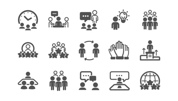 Business people icons set. Team meeting, Group people, job structure. Communication, leader icons. Congress, talk person, partnership. Job interview, business idea, voting. Quality set. Vector