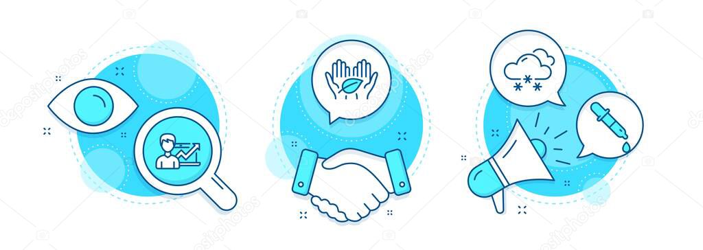 Fair trade, Snow weather and Success business line icons set. Handshake deal, research and promotion complex icons. Chemistry pipette sign. Safe nature, Snowflake, Growth chart. Laboratory. Vector