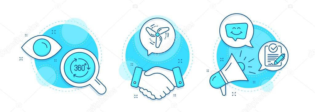 Wind energy, Smile chat and 360 degree line icons set. Handshake deal, research and promotion complex icons. Rfp sign. Ventilator, Happy face, Virtual reality. Request for proposal. Vector
