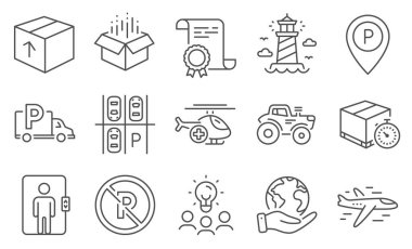Park yasağı, tıbbi helikopter gibi bir dizi ulaşım ikonu. Diploma, fikirler, gezegeni kurtarmak. Teslimat zamanlayıcısı, kamyon parkı, traktör. Asansör, deniz feneri, açık kutu. Vektör