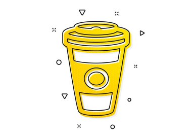 Sıcak içecek tabelası. Paket kahve ya da çay ikonu. İçecek sembolü. Sarı daireler şeklinde. Klasik paket servis kahve ikonu. Geometrik elementler. Vektör
