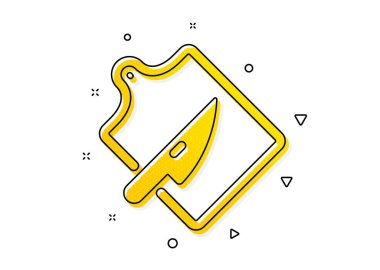 Çatal bıçak seti. Kesme tahtası simgesi. Pişirme bıçağı sembolü. Sarı daireler şeklinde. Klasik kesim tahtası simgesi. Geometrik elementler. Vektör