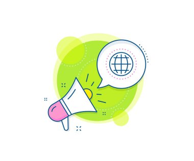 Dünya ya da Dünya işareti. Megafon tanıtım kompleksi ikonu. Dünya çizgisi ikonu. Evrensel internet sembolü. İş pazarlama afişi. Küre işareti. Vektör