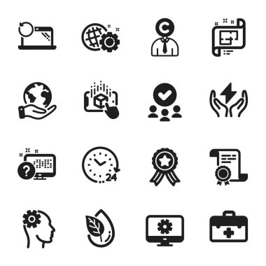 Set of Science icons, such as Architectural plan, Online quiz. Certificate, approved group, save planet. Engineering, Augmented reality, First aid. Recovery laptop, 24 hours, Seo gear. Vector clipart