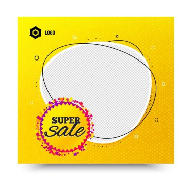Süper satış rozeti. Sarı pankart şablonu. İndirimli afiş şekli. Kupon ikonu. Sohbet balonlu sosyal medya afişi. İnternet üzerinden alışveriş şablonu. Süper satış balonu. Vektör