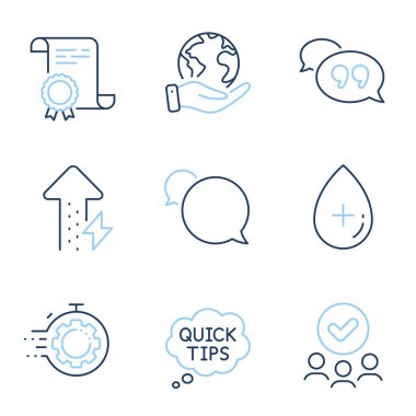 Hızlı ipuçları, yağ serumu ve Seo zaman çizgisi simgeleri hazır. Diploma sertifikası, gezegeni kurtarmak, bir grup insan. Enerji büyüyor, tırnak içinde kabarcık ve Haberci işaretleri. Faydalı numaralar, kozmetik bakım, çark. Vektör