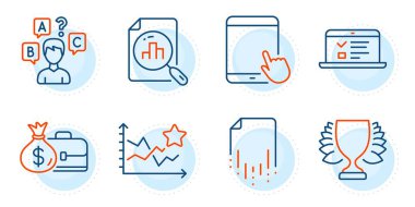 Analitik grafik, Kurtarma dosyası ve Sıralama Yıldızları imzaları. Kazanan, Maaş ve Sınav çizgisi simgeleri ayarlandı. Tablet PC, Web konferans sembolleri. Spor başarısı, para çantalı diplomat. Vektör