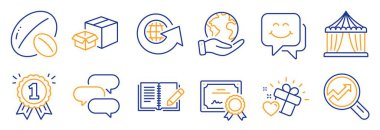 Aşk hediyesi gibi iş ikonları, gülen surat. Sertifika, gezegeni kurtar. Analitik, Ödül, Geri bildirim. Dünya küresi, konuşma balonu, soya fıstığı. Kutular, sirk çadırı simgeleri. Vektör