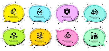 Sağlık, dermatolojik testler ve kapsül hapları. Tırnak içinde sohbet baloncukları. Kan bağışı, termometre ve tıbbi ilaç hattı ikonları hazır. Göz lazeri, tıbbi analizler, semboller. Vektör