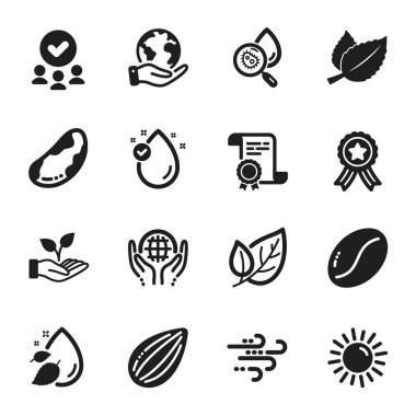Güneş, kahve çekirdekleri gibi doğa ikonları. Sertifika, onaylı grup, gezegeni kurtarma. E vitamini, su damlası, nane yaprakları. Badem fıstığı, organik test, Brezilya fındığı. Vektör