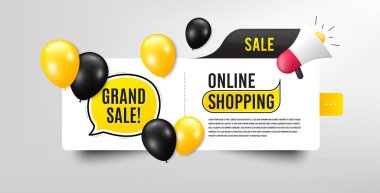 Büyük satış sembolü. Balonlu pankart. Özel fiyat tabelası. Reklam indirimleri sembolü. Konuşma balonu megafonu. İnternetten balonlu alışveriş afişi. Büyük satış promosyonu. Vektör