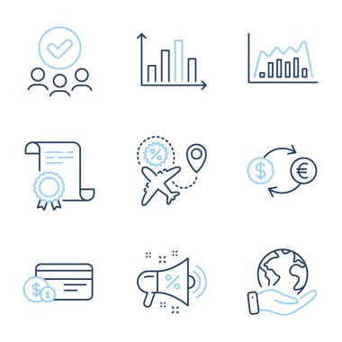 Bilgi grafiği, döviz kuru ve ödeme yöntemi simgeleri ayarlandı. Diploma sertifikası, gezegeni kurtarmak, bir grup insan. Satış megafonu, diyagram grafiği ve uçuş satışı tabelaları. Vektör
