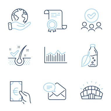 Finans, Para şeması ve yeni posta hattı simgeleri ayarlandı. Diploma sertifikası, gezegeni kurtarmak, bir grup insan. Su şişesi, spor stadyumu ve kepek önleyici tabelalar. Vektör