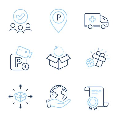 Paket teslimatı, acil ambulans ve park yeri simgeleri ayarlandı. Diploma sertifikası, gezegeni kurtarmak, bir grup insan. Hediye, Dönüş paketi ve park güvenlik işaretleri. Vektör