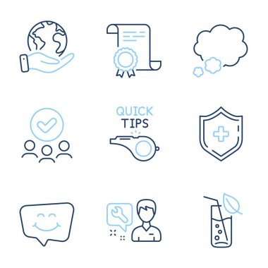 Su bardağı, gülümseme sohbeti ve öğretim hattı simgeleri. Diploma sertifikası, gezegeni kurtarmak, bir grup insan. Tamirci, konuşan balon ve tıbbi kalkan işaretleri. Gazoz, gülen surat, çabuk bahşiş. Vektör