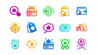 Bonus kartı, Redeem hediyesi ve indirim kuponu tabelası. Sadakat programı simgeleri. Piyango bileti, kazanç ödülü ve kazanan hediye ikonları. Klasik bir set. Gradyan desenler. Kalite işaretleri ayarlandı. Vektör