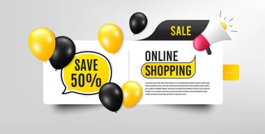 % 50 indirim yap. Balonlu pankart. İndirimli fiyat tabelası. Özel teklif sembolü. Konuşma balonu megafonu. İnternetten balonlu alışveriş afişi. İndirimli terfi. Vektör