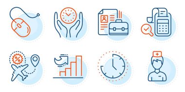 Doktor, uçuş satışı ve bilgisayar fare işaretleri. Boşluk, Zaman ve Büyüme çizelgesi simgeleri ayarlandı. Güvenli zaman, Bill muhasebe sembolleri. İşe alım, Clock. İş seti. Taslak simgeleri ayarlandı. Vektör