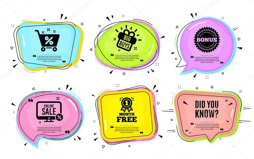 Did you know. Big buys, online shopping. Special offer question sign. Interesting facts symbol. Quotation bubble. Banner badge, texting quote boxes. Did you know text. Coupon offer. Vector