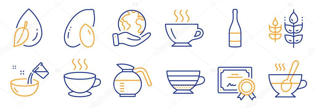 Set of Food and drink icons, such as Cappuccino, Coffee cup. Certificate, save planet. Cooking water, Champagne bottle, Tea cup. Coffeepot, Peanut, Water drop. Coffee, Gluten free line icons. Vector