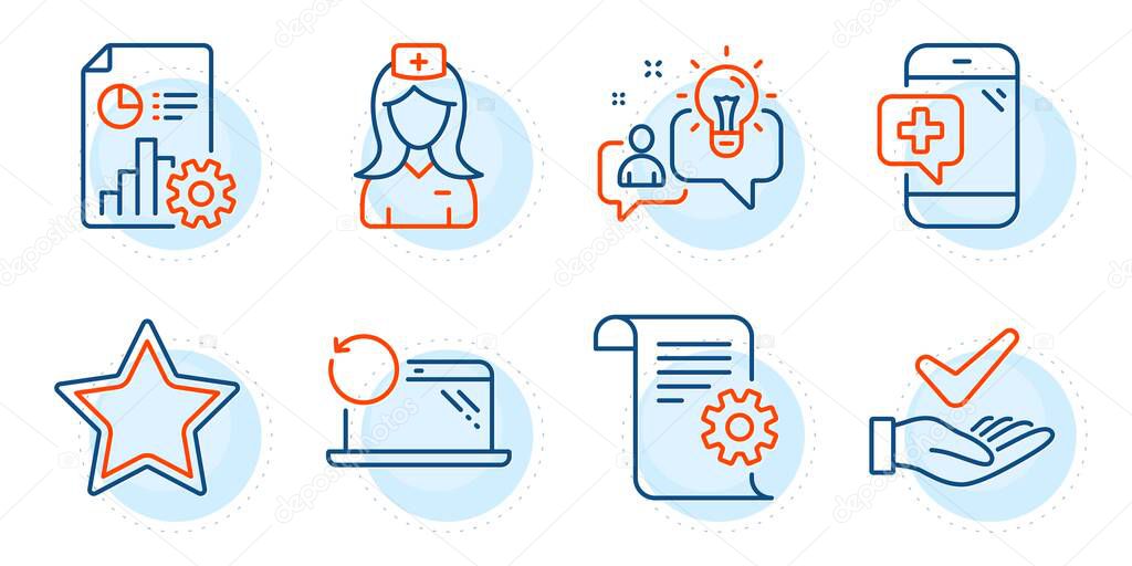Technical documentation, Recovery laptop and Star signs. Dermatologically tested, Hospital nurse and Medical phone line icons set. Report, Idea symbols. Organic, Medical assistant. Vector