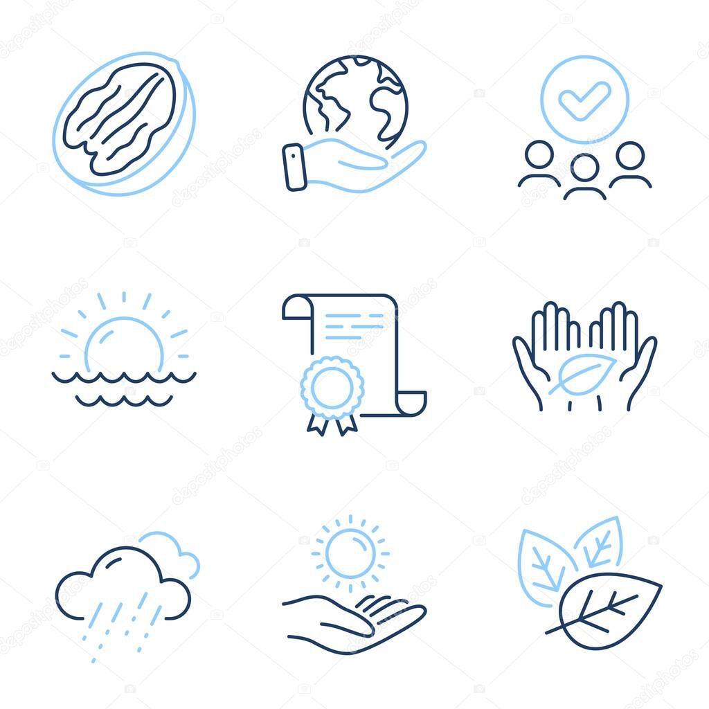 Fair trade, Rainy weather and Sun protection line icons set. Diploma certificate, save planet, group of people. Pecan nut, Organic tested and Sunset signs. Safe nature, Rain, Ultraviolet care. Vector