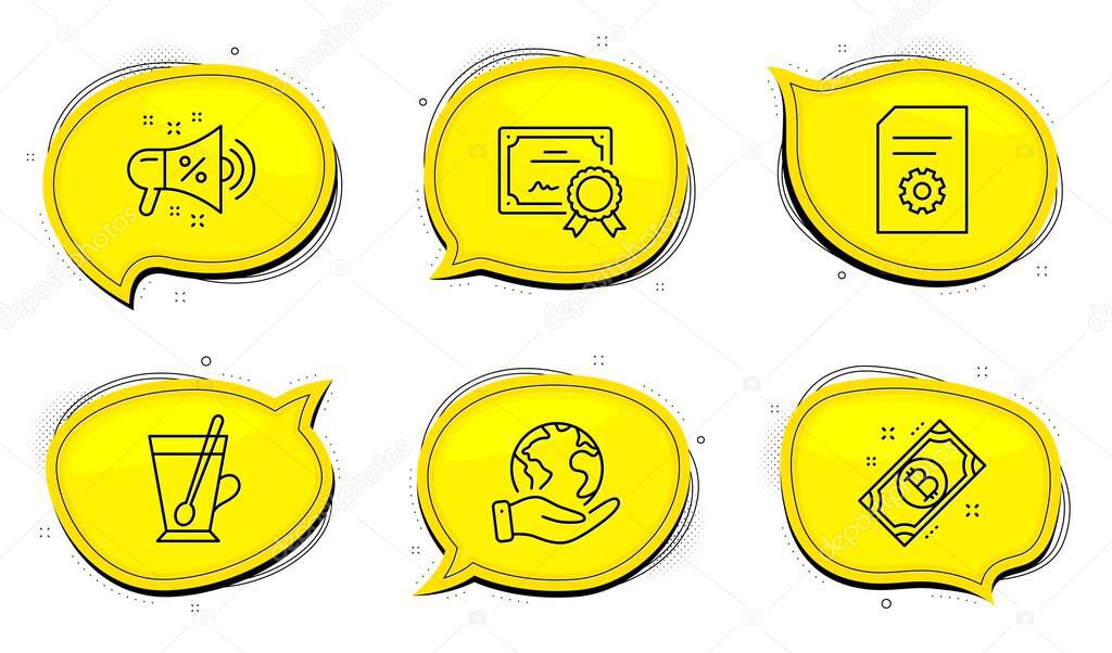 File settings sign. Diploma certificate, save planet chat bubbles. Bitcoin, Sale megaphone and Tea mug line icons set. Cryptocurrency coin, Shopping, Cup with teaspoon. File management. Vector