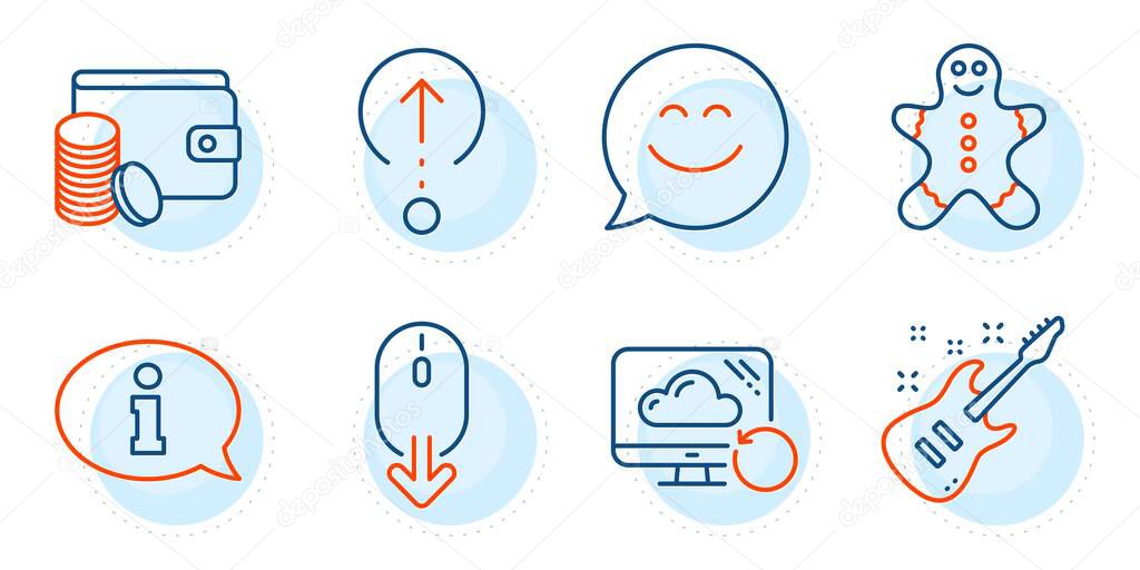Gingerbread man, Smile chat and Electric guitar signs. Scroll down, Swipe up and Recovery cloud line icons set. Payment method, Information symbols. Mouse swipe, Scrolling page. Business set. Vector