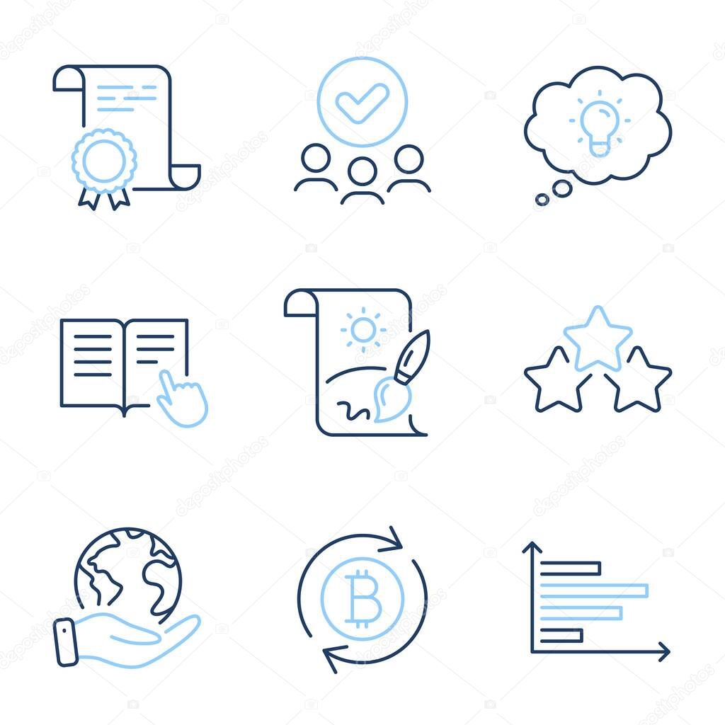 Creative painting, Energy and Read instruction line icons set. Diploma certificate, save planet, group of people. Ranking stars, Refresh bitcoin and Horizontal chart signs. Vector